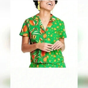 Tabitha Brown Leopard Orange Print Linen Blend Collared Shirt for Target Small